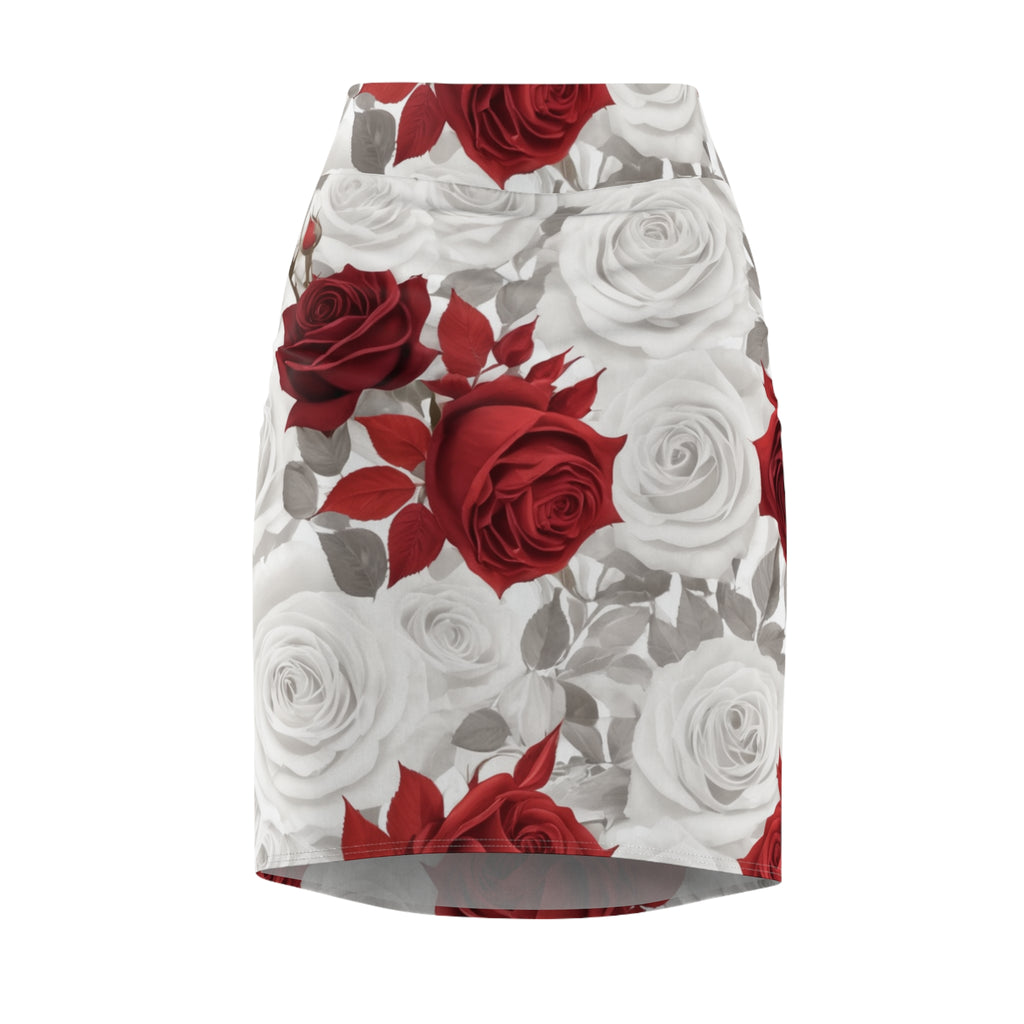 Elegant women's floral pencil skirt with vibrant rose print, styled for office and date night wear