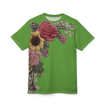 Load image into Gallery viewer, R&amp;RH Embroidered Floral Unisex Designer Womens T-shirt | Vibrant Green Top for Spring &amp; Summer

