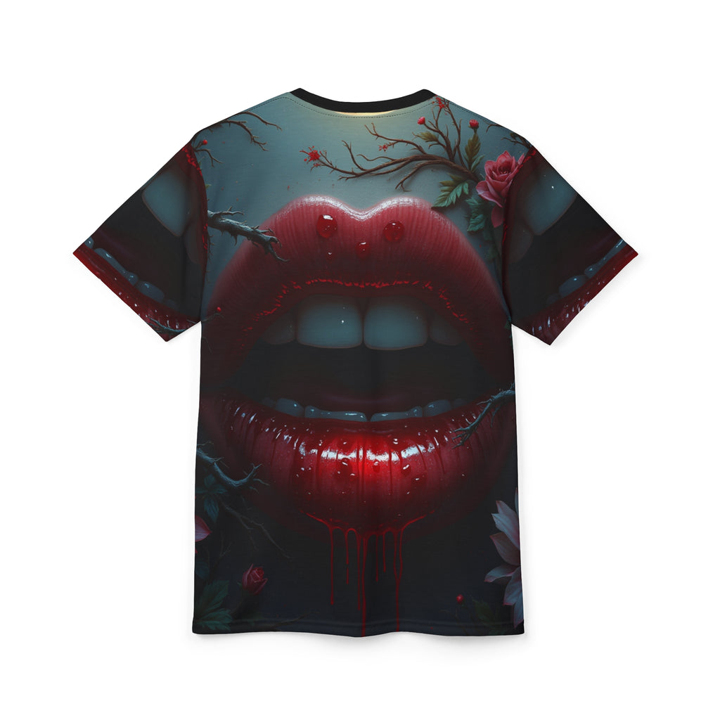 Vampiric Kiss Unisex Gothic Halloween Graphic Tee with dark vampire-inspired design