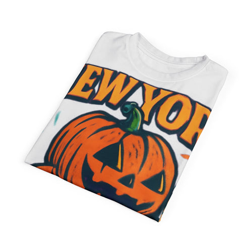 Halloween Pumpkin Unisex Tee with vibrant orange pumpkin graphic on black background