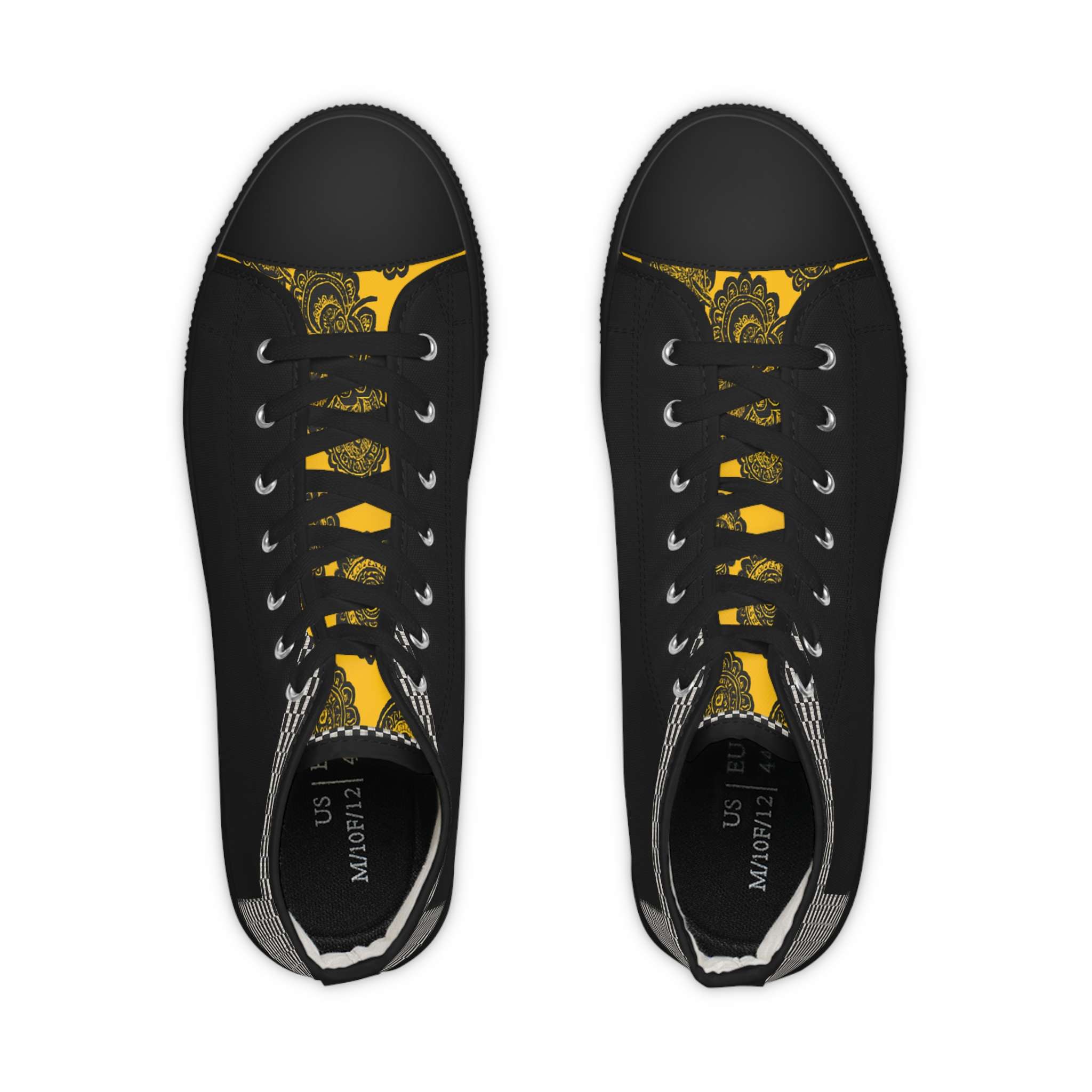 Black high-top sneaker with wraparound print and pleather toe — side view