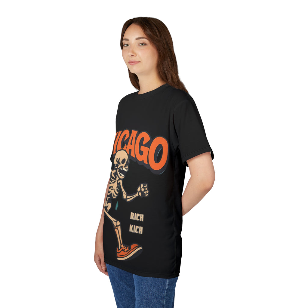 Unisex Chicago Skeleton Graphic Tee featuring vibrant skeleton design, perfect for Halloween and casual streetwear