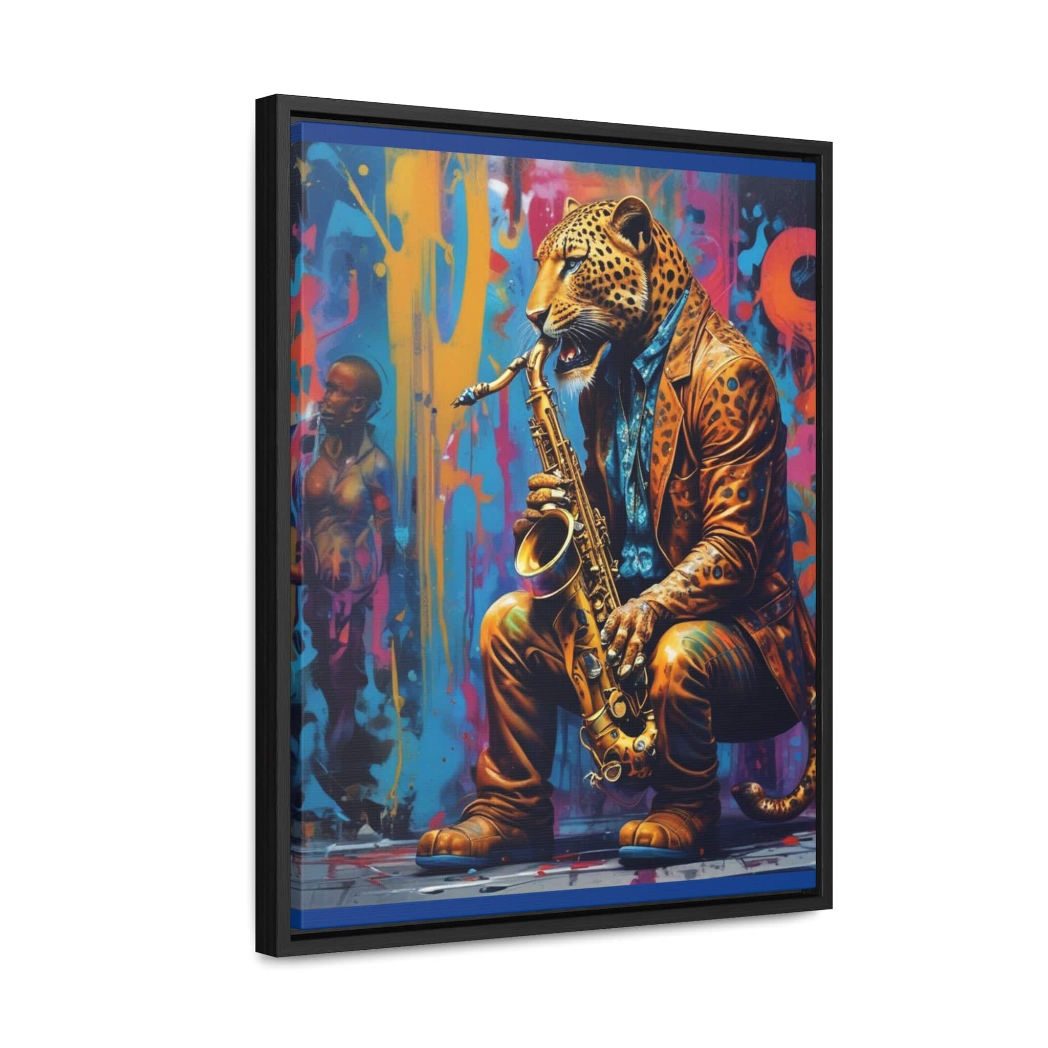 RRH Leopard Saxophone Player vertical canvas wall art with walnut frame