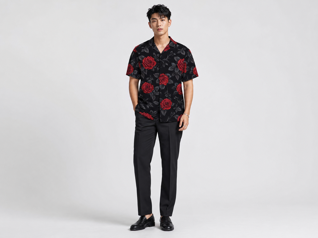 Rich and Rich Men's Black Red Rose Designer Shirt