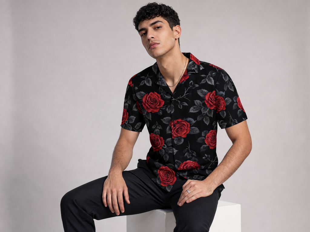 Rich and Rich Men's Black Red Rose Designer Shirt