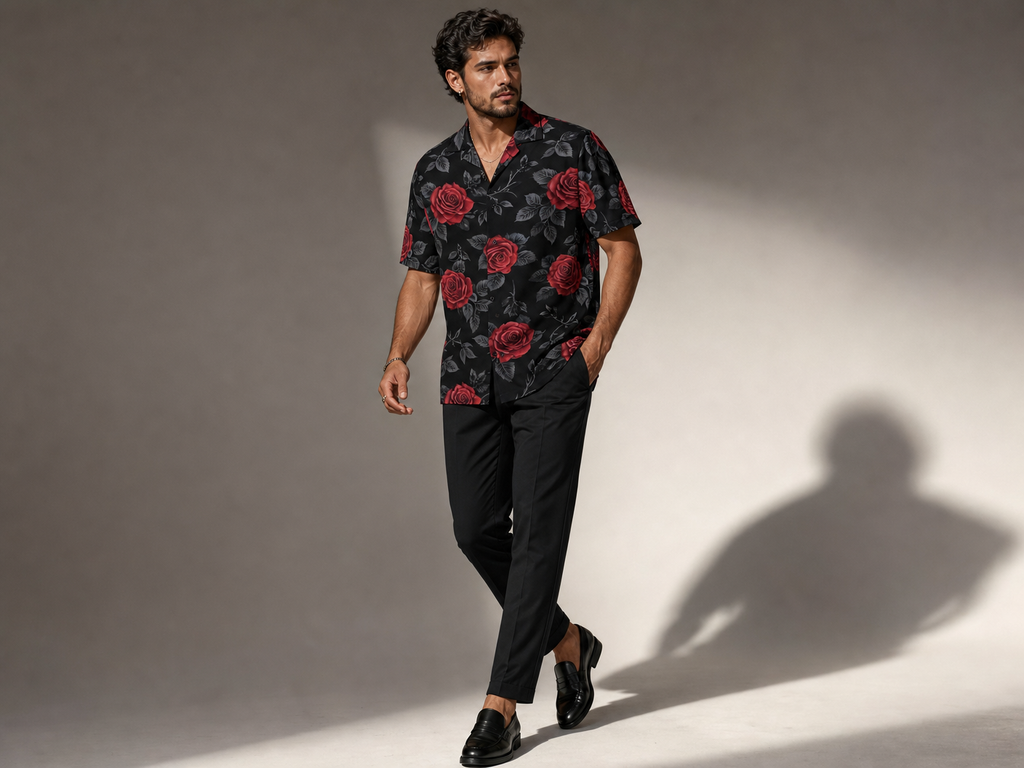 Rich and Rich Men's Black Red Rose Designer Shirt