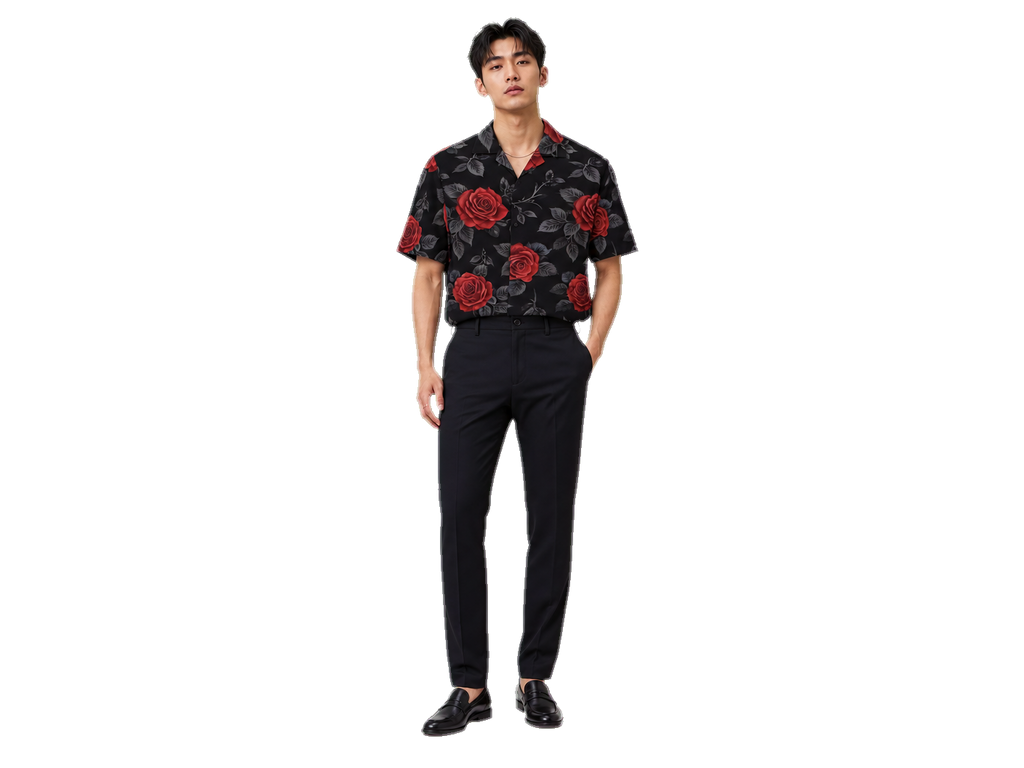 Rich and Rich Men's Black Red Rose Designer Shirt