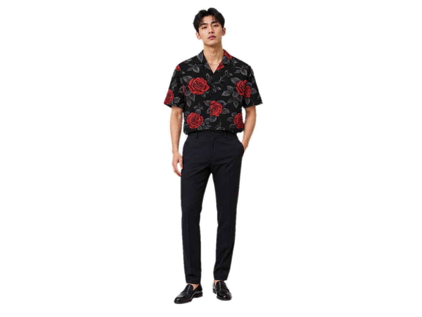 Rich and Rich Men's Black Red Rose Designer Shirt