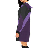 Oversized purple abstract hoodie dress with hood and deep front pockets — rear view