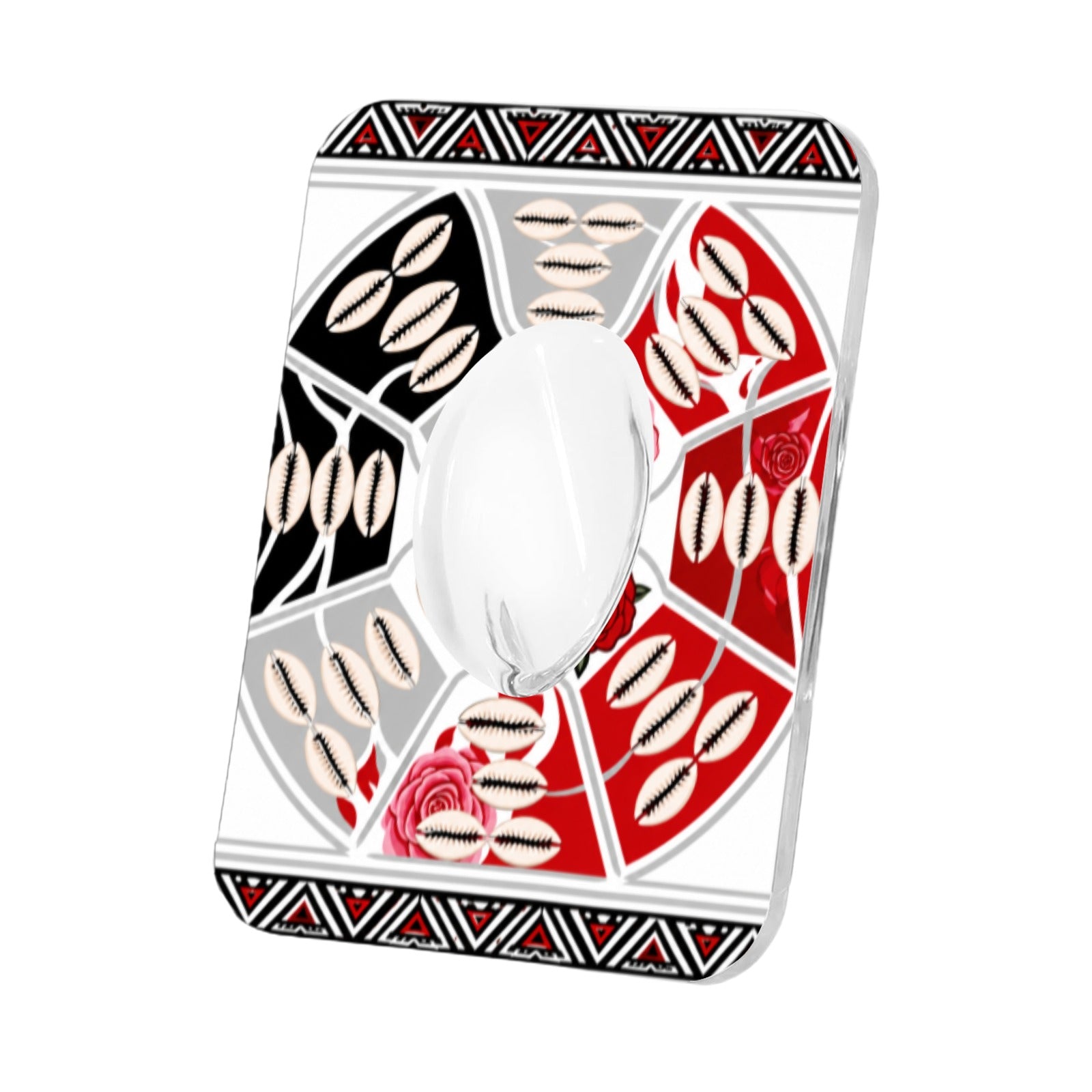 Acrylic photo frame vase with tribal artwork, recessed flower compartment, and cowrie shell accents