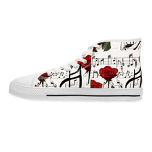 Load image into Gallery viewer, R&amp;RH Elegant Music Note High Top White Sneakers with Rose Design

