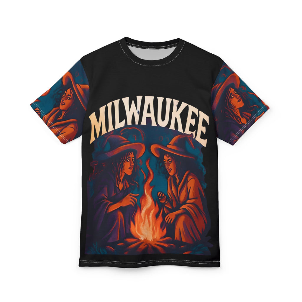 Milwaukee Witchy Vibes Unisex Tee featuring two witches by a campfire in a vintage Halloween graphic design