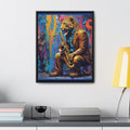 RRH Leopard Saxophone Player vertical canvas wall art with walnut frame