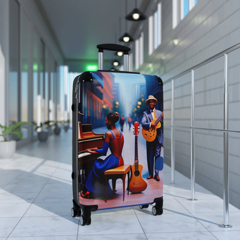 Rich and Rich Blue Caricature Jazz Suitcase with adjustable handle and 360-degree wheels