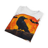 Unisex tee with crow silhouette and orange moon all-over print, crew neck and regular fit for Halloween — additional view 11