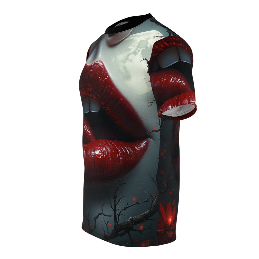 Vampire Kiss Unisex Graphic T-Shirt with edgy gothic vampire design, perfect for Halloween and alternative fashion