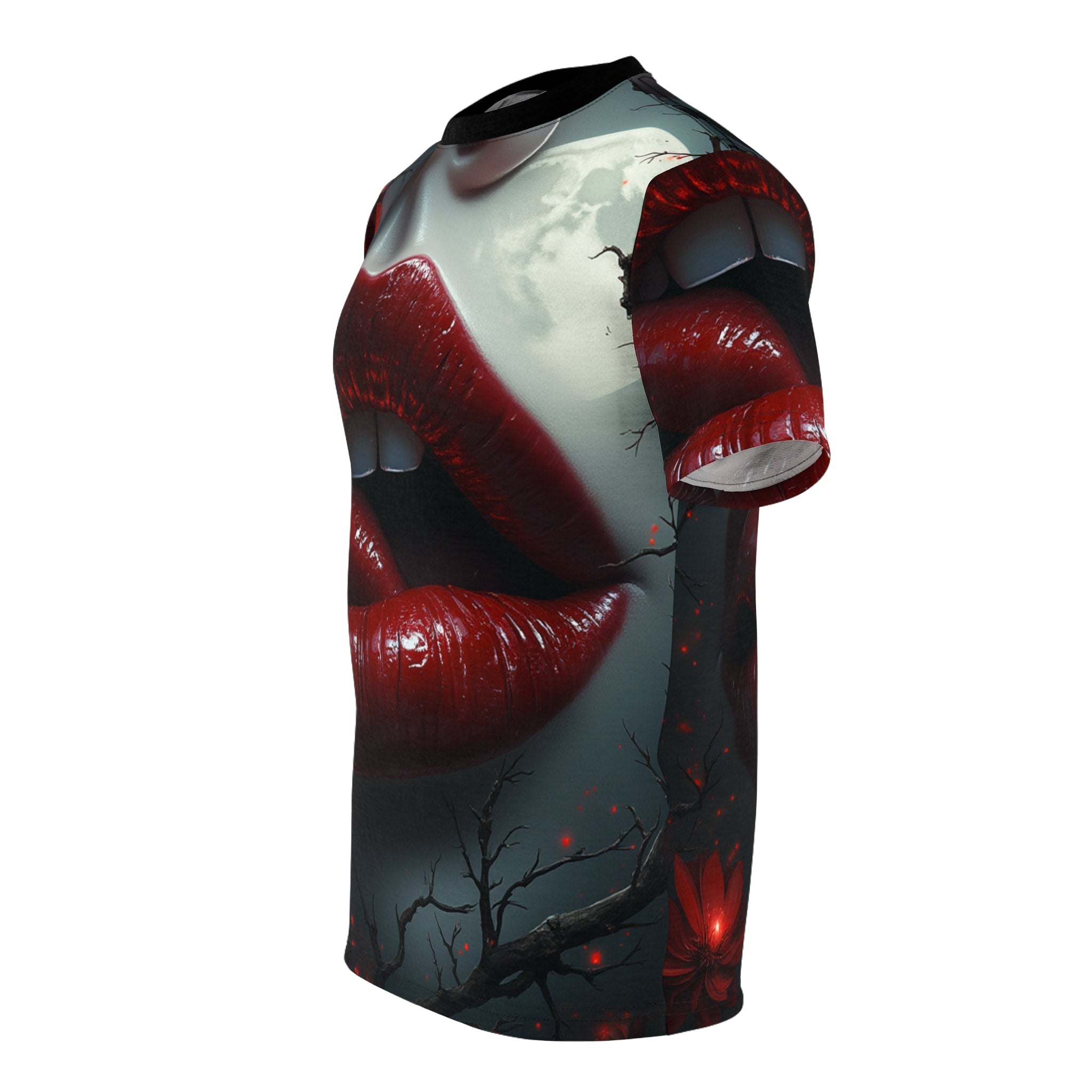 Vampire Kiss Unisex Graphic T-Shirt with edgy gothic vampire design, perfect for Halloween and alternative fashion