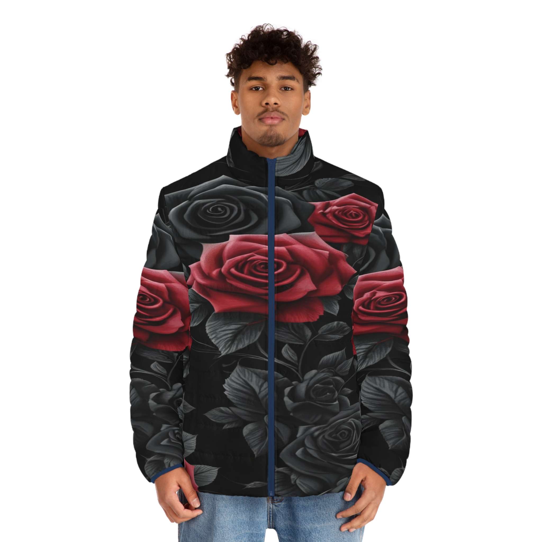 Men's black and red puffer jacket with bold rose floral print and front pockets — rear view