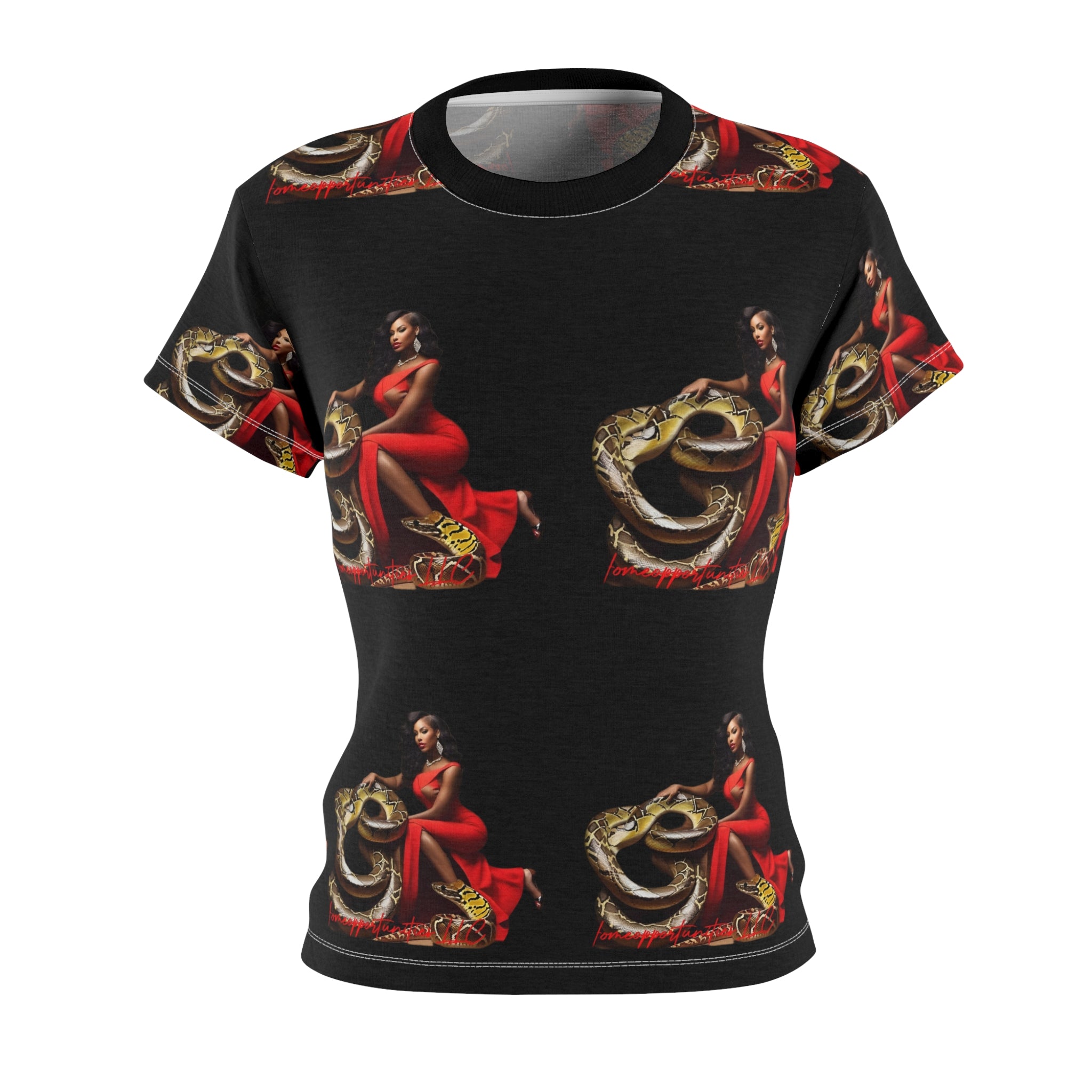 Black women's T-shirt with all-over snake and red dress graphic print — side view