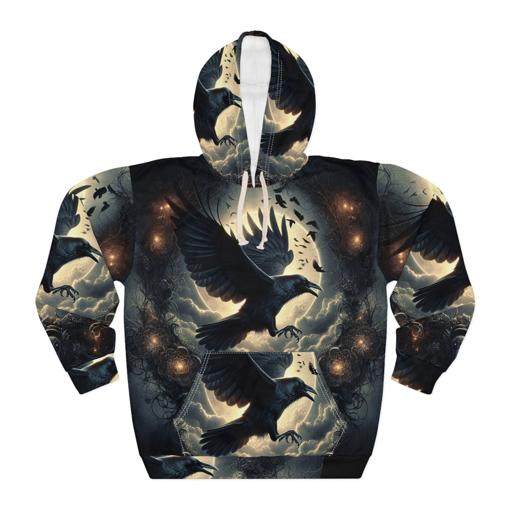 Mystical Raven Pullover Hoodie - Graphic Sweatshirt for Men and Women, Cozy Wear for Halloween, Goth Style, Gift for Bird Lovers