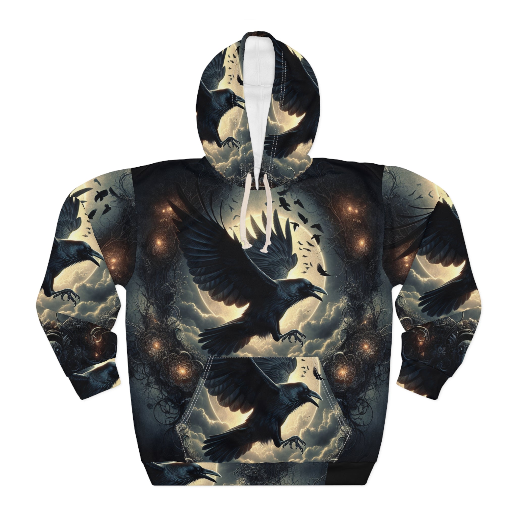 Mystical Raven Pullover Hoodie - Graphic Sweatshirt for Men and Women, Cozy Wear for Halloween, Goth Style, Gift for Bird Lovers