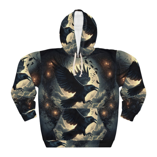 Mystical Raven Pullover Hoodie with vibrant all-over raven graphic, worn by men and women in cozy goth style