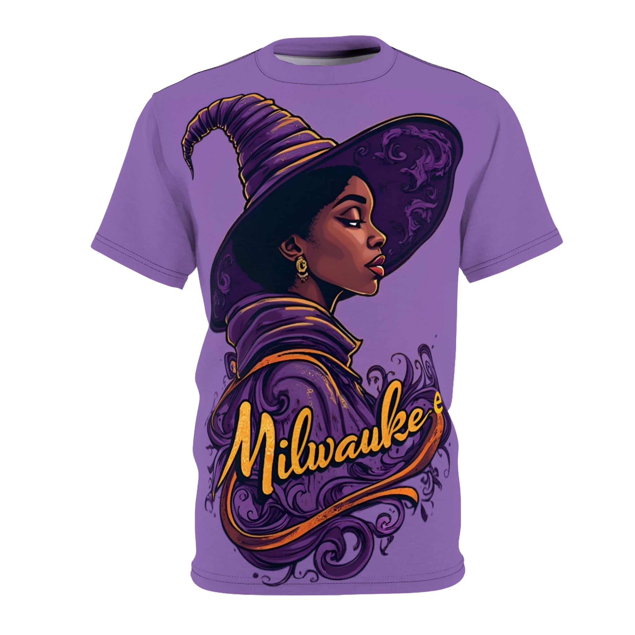 Purple witch all-over print unisex tee with crew neck, ribbed collar and regular fit — alternate view