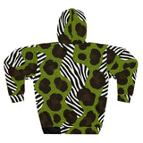 Unisex pullover hoodie with bright all-over animal print and kangaroo pocket — side view