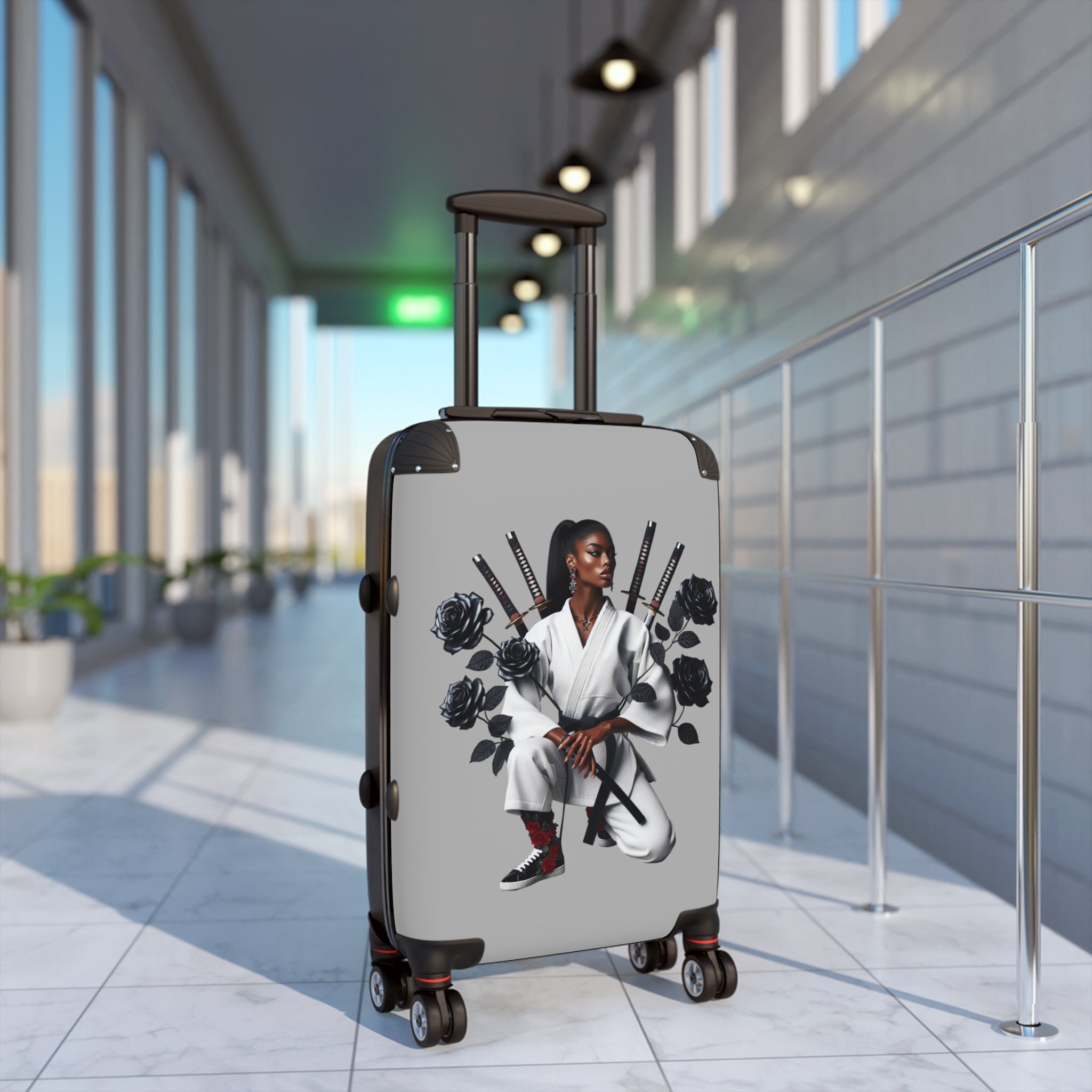 Gray carry-on suitcase with samurai-inspired floral print, hard shell and swivel wheels — additional view 8