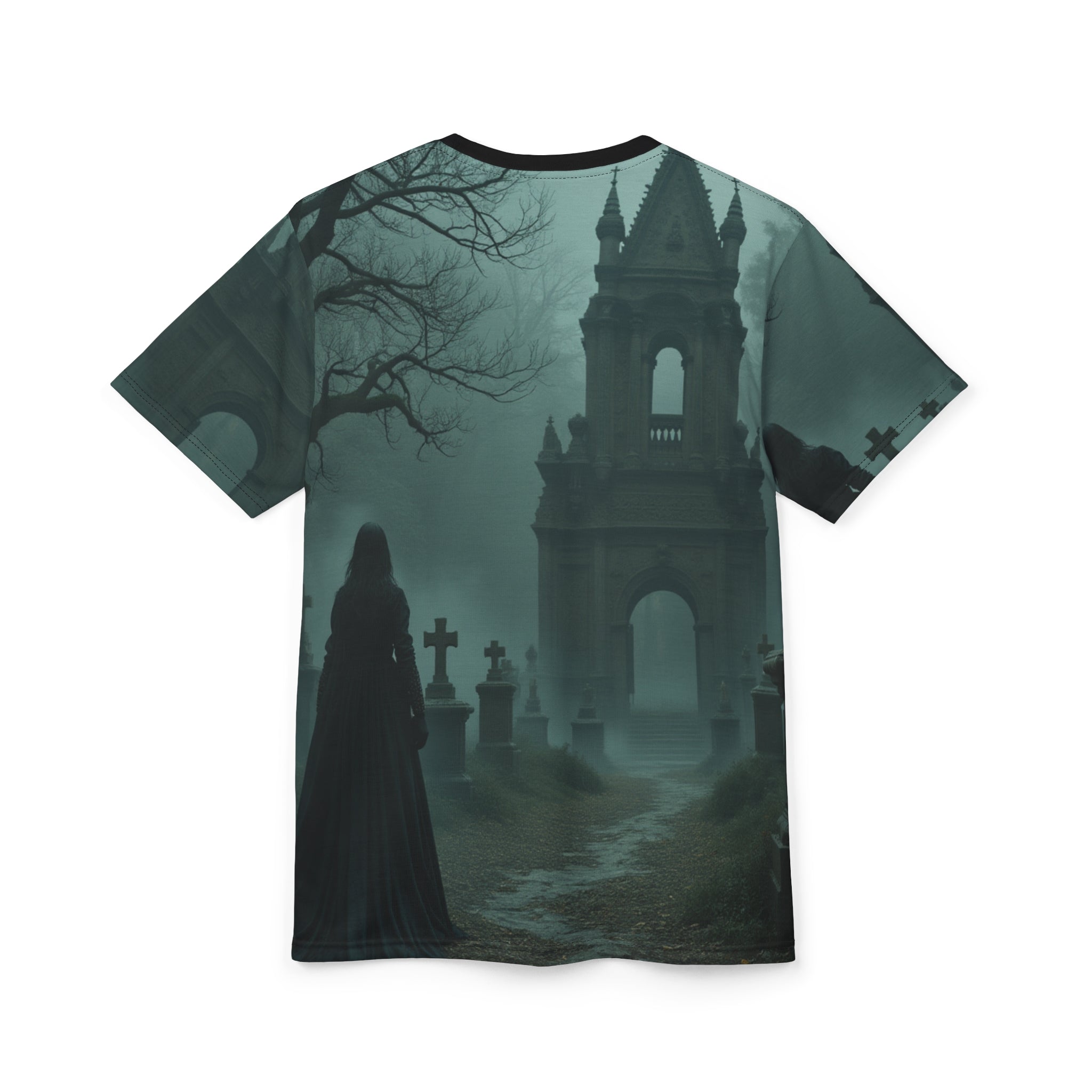 Halloween Unisex Tee, Spooky Graphic T-Shirt, Halloween Party Wear, Ghostly AOP Shirt, Gothic Casual Tee