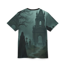 Load image into Gallery viewer, Halloween Unisex Tee, Spooky Graphic T-Shirt, Halloween Party Wear, Ghostly AOP Shirt, Gothic Casual Tee
