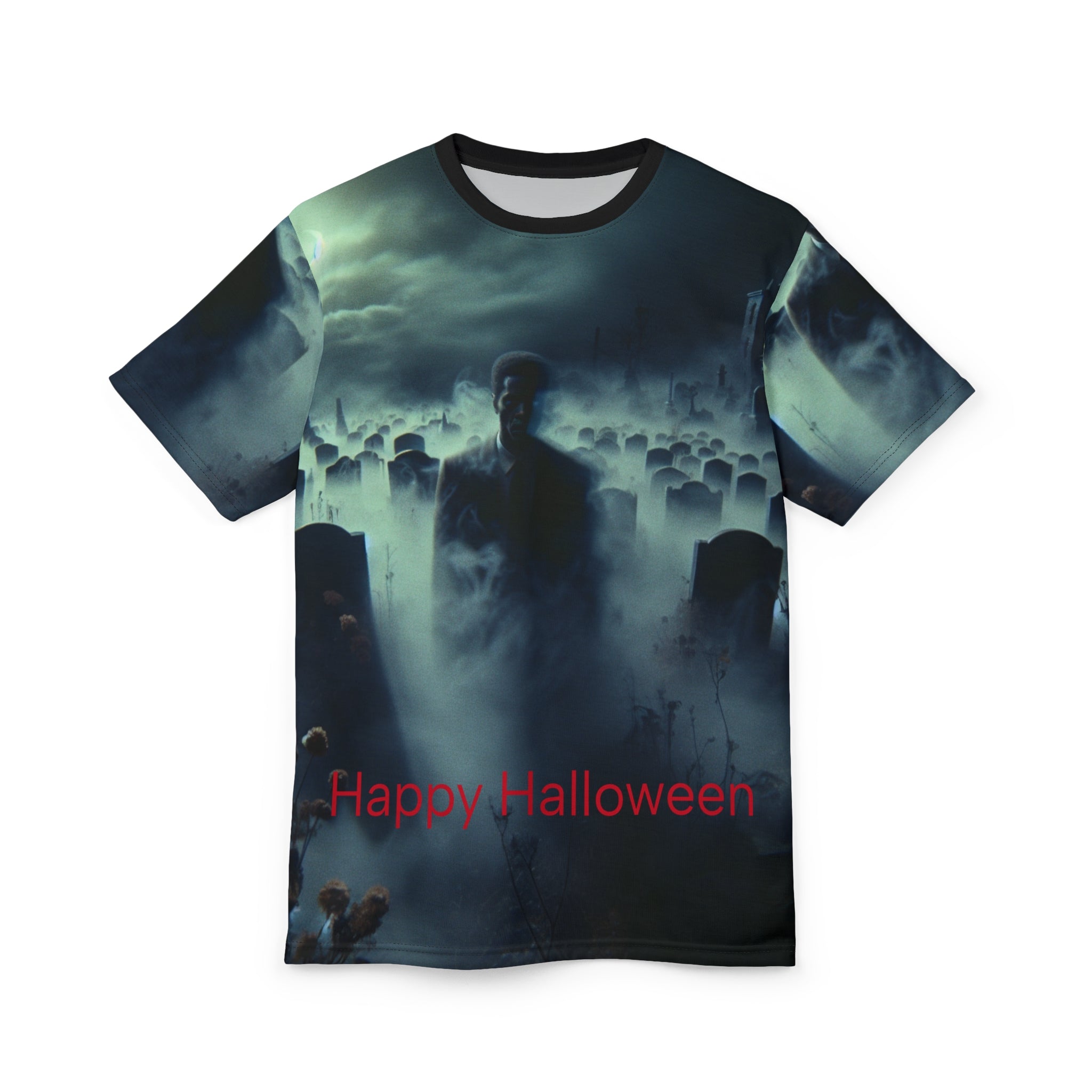 Unisex tee with foggy graveyard all-over print and mysterious figure, crew neck and regular fit — rear view