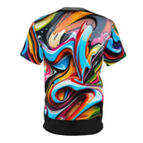 Men's short-sleeve polyester tee with colorful all-over graffiti print and crew neck tagless design — product detail