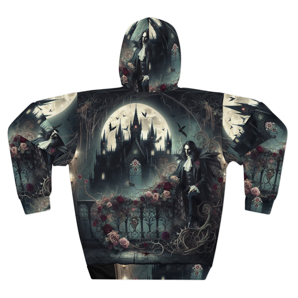 Gothic Fantasy Unisex Pullover Hoodie with dark aesthetic all-over print and adjustable hood