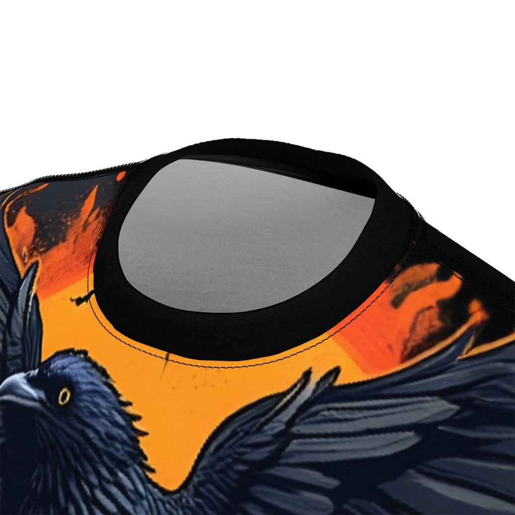 Unisex Halloween Crow Tee with striking raven graphic and Happy Halloween text