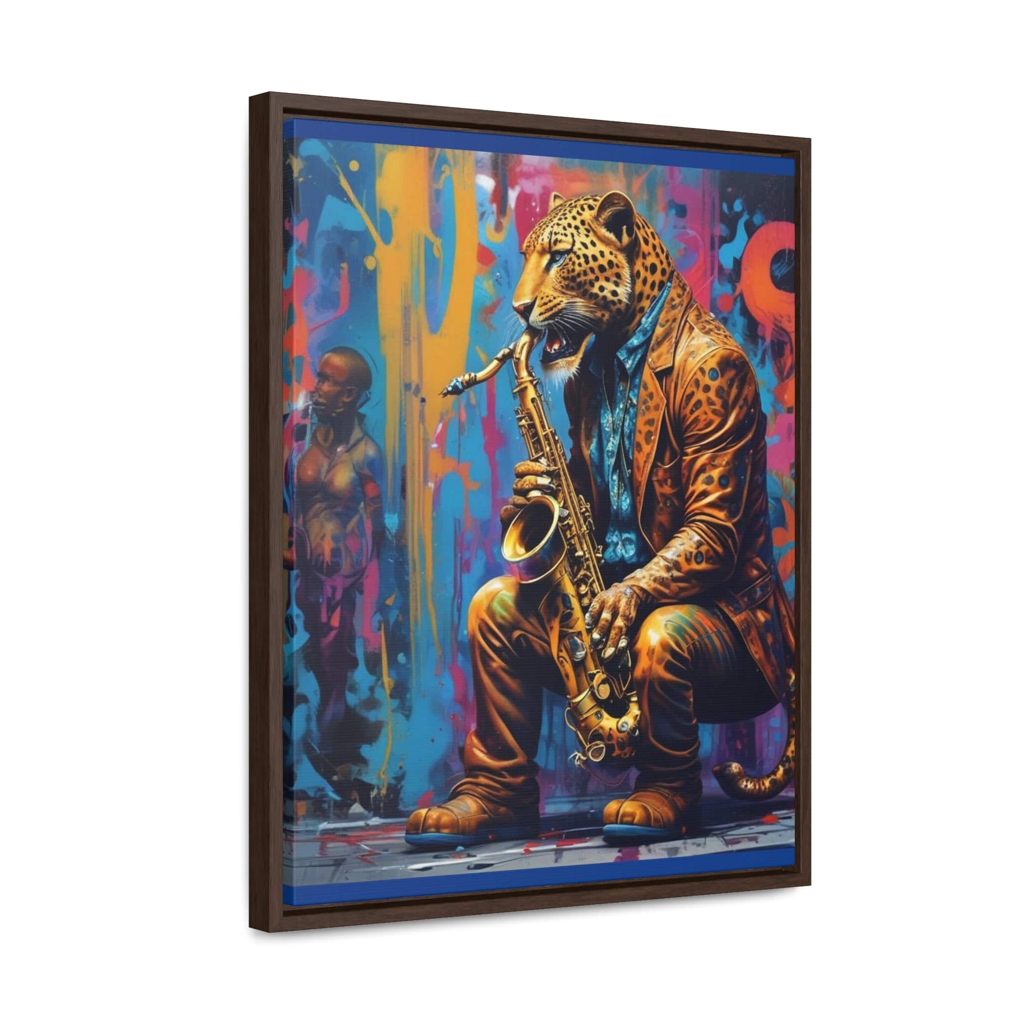 RRH Leopard Saxophone Player vertical canvas wall art with walnut frame