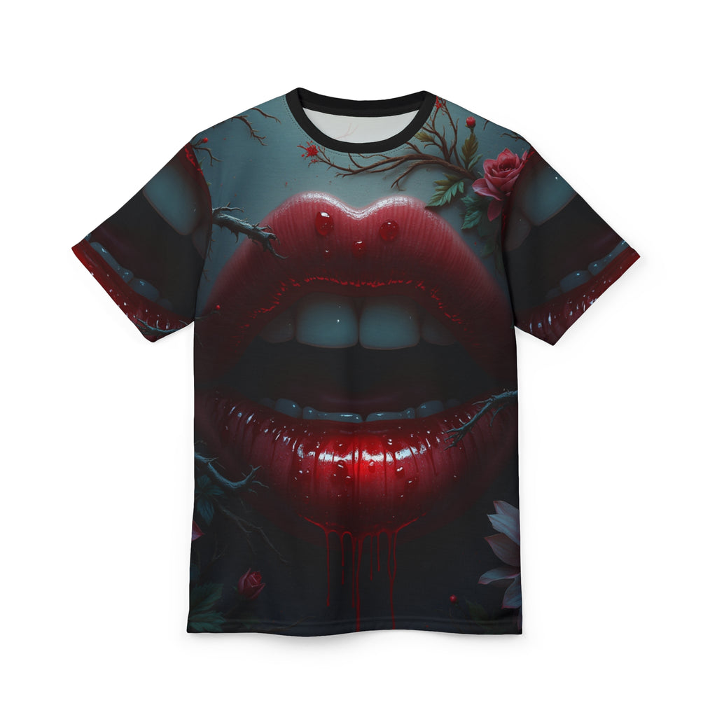 Vampiric Kiss Unisex Gothic Halloween Graphic Tee with dark vampire-inspired design