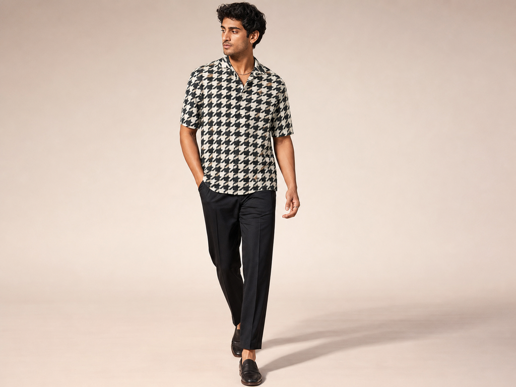 Rich and Rich Men's Brown Multicolor Houndstooth Designer Shirt