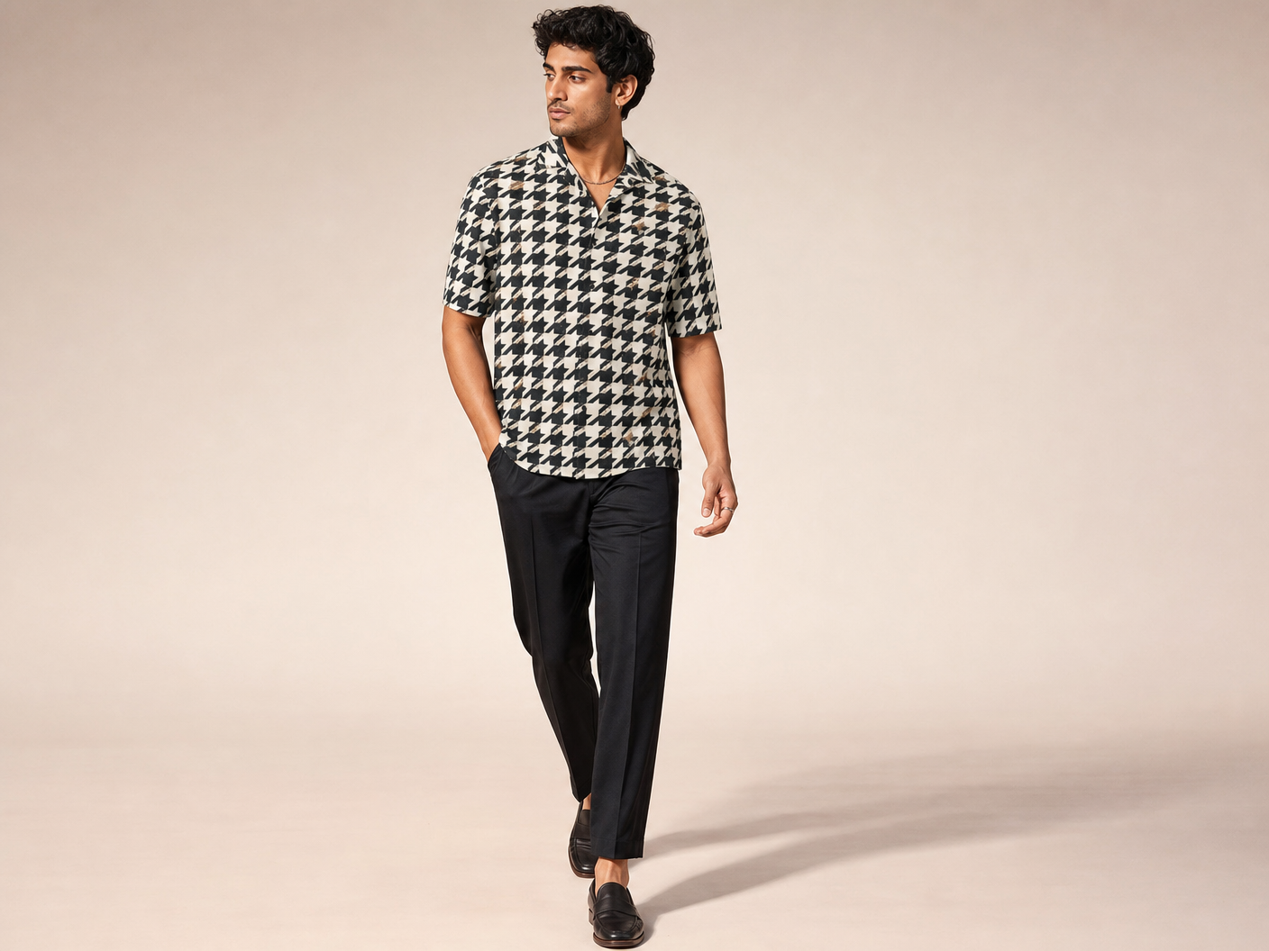 Rich and Rich Men's Brown Multicolor Houndstooth Designer Shirt