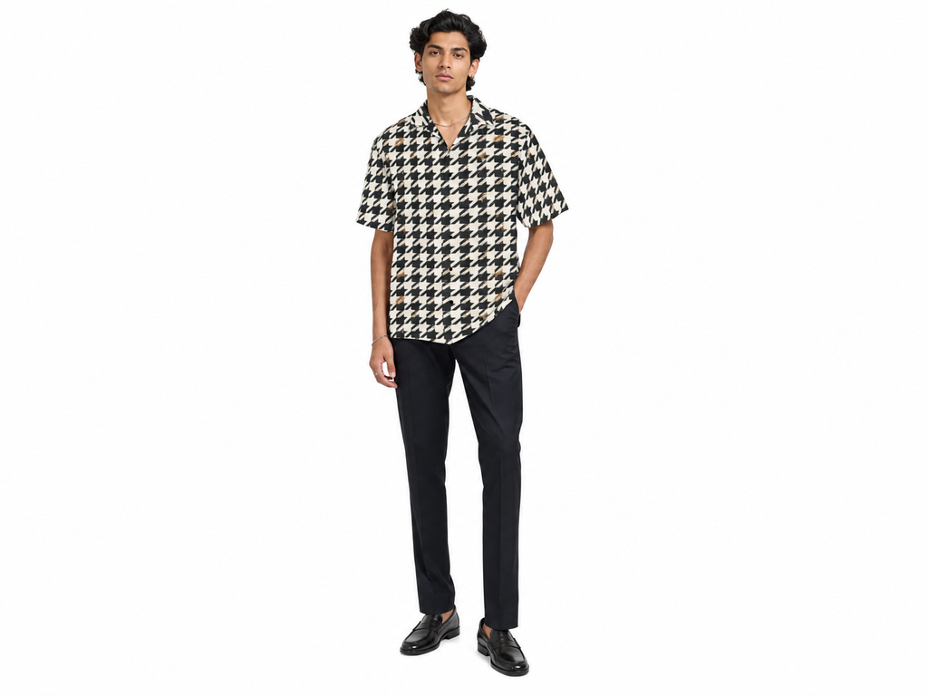 Rich and Rich Men's Brown Multicolor Houndstooth Designer Shirt