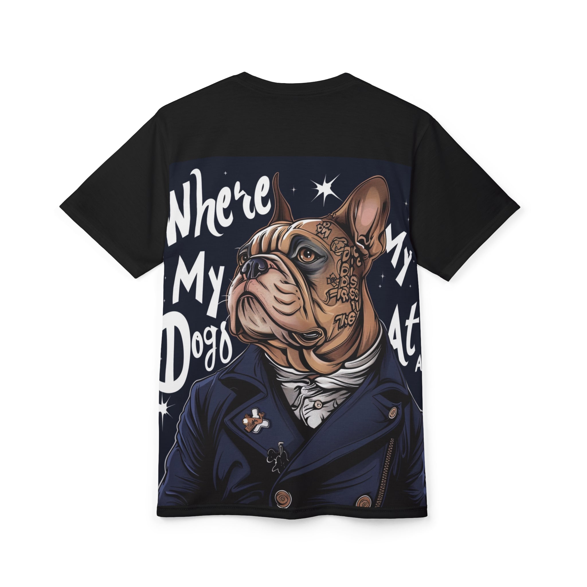 'Where My Dogs' unisex T-shirt with all-over dog portrait print in colorful design — additional view 8