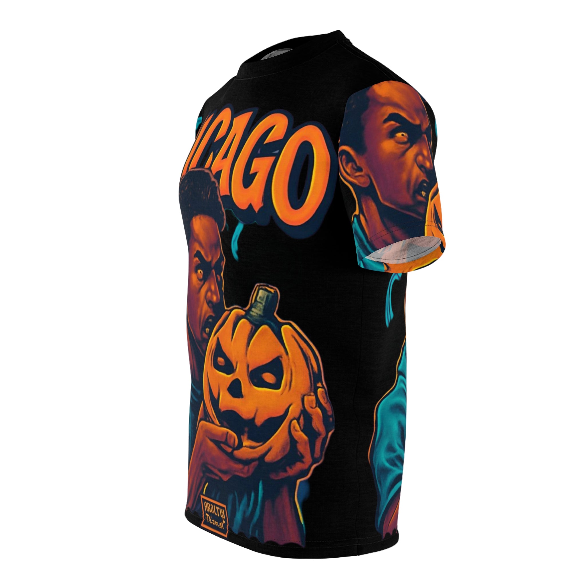 Unisex tee with Chicago-inspired spooky all-over print, crew neck and regular fit assembled in the USA — additional view 7
