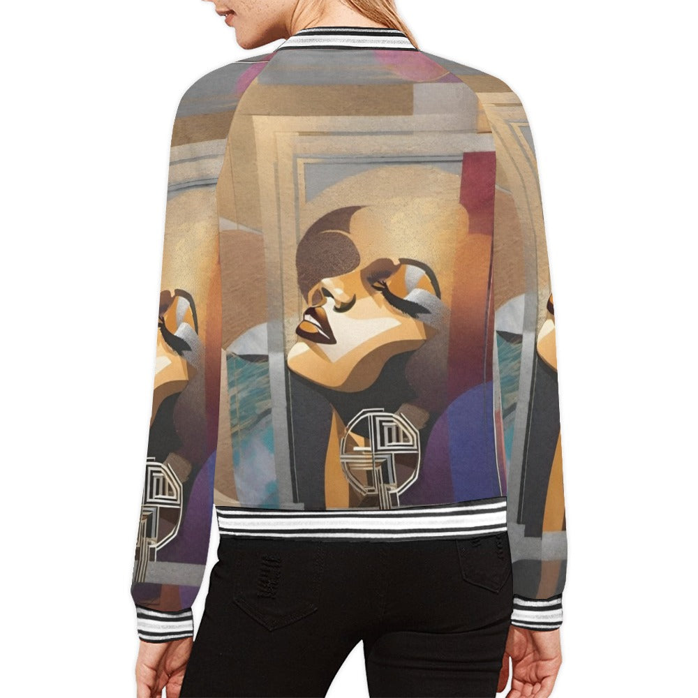 Rich and Rich Graphic Brown Caricature Bomber Jacket For Women