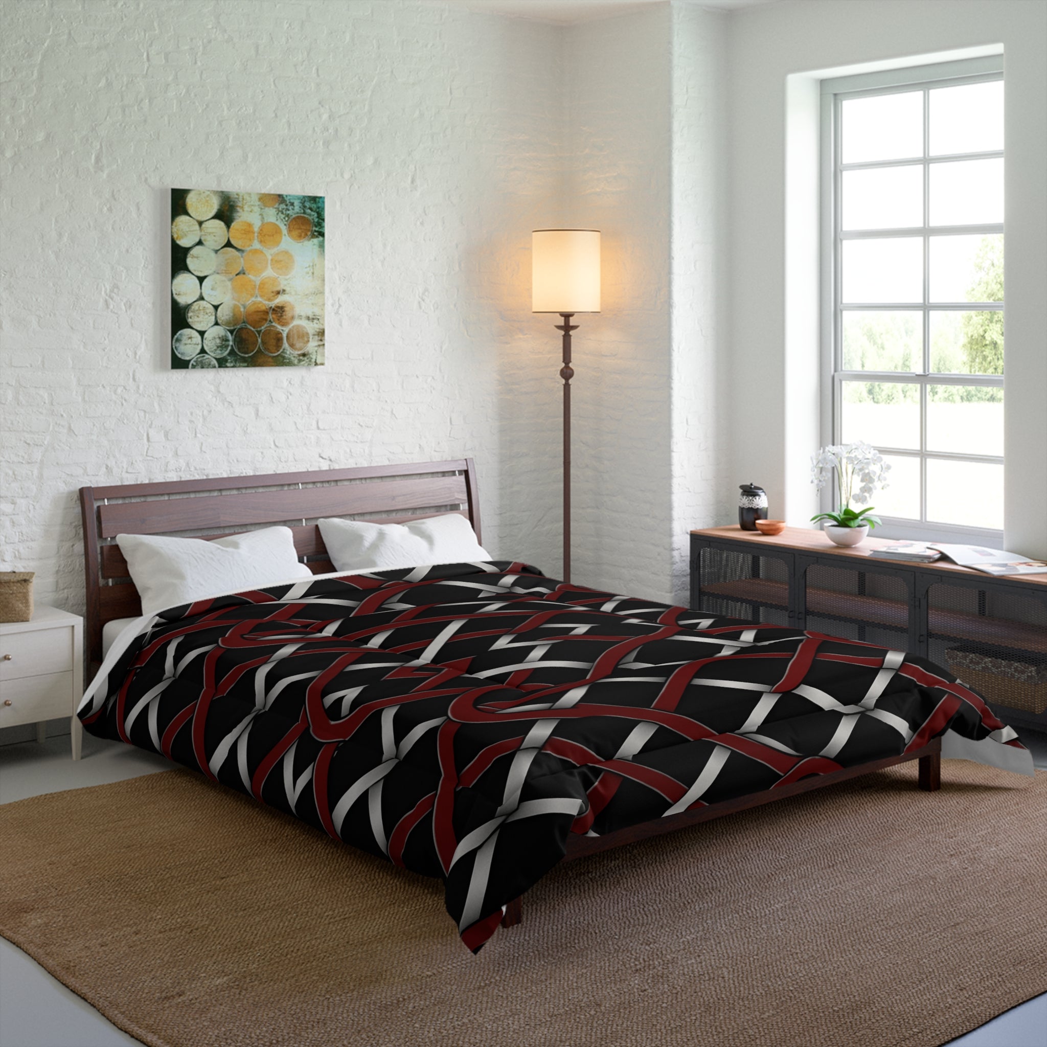 Rich and Rich Red and Gray Modern Geometric Comforter on bed in stylish bedroom