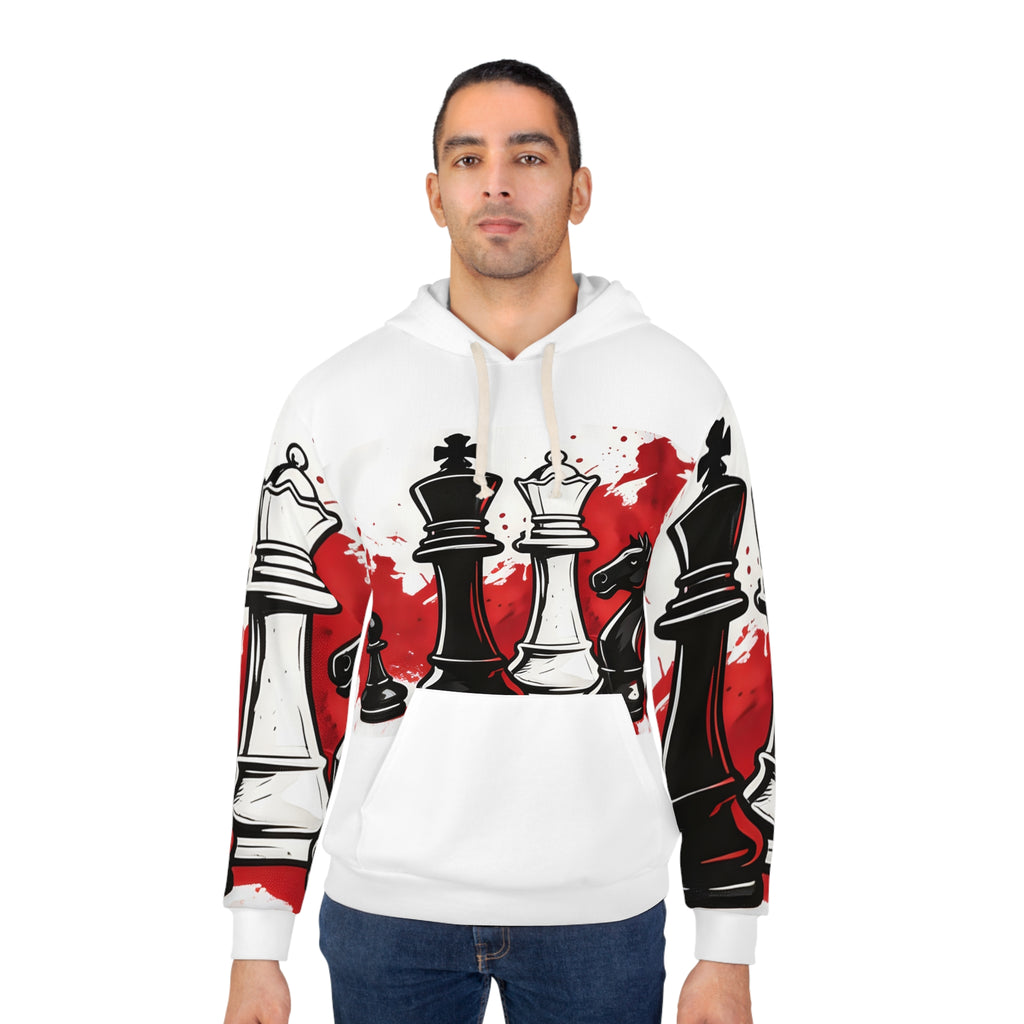 Chess Pieces Graphic Hoodie — Red Splash King & Queen Design
