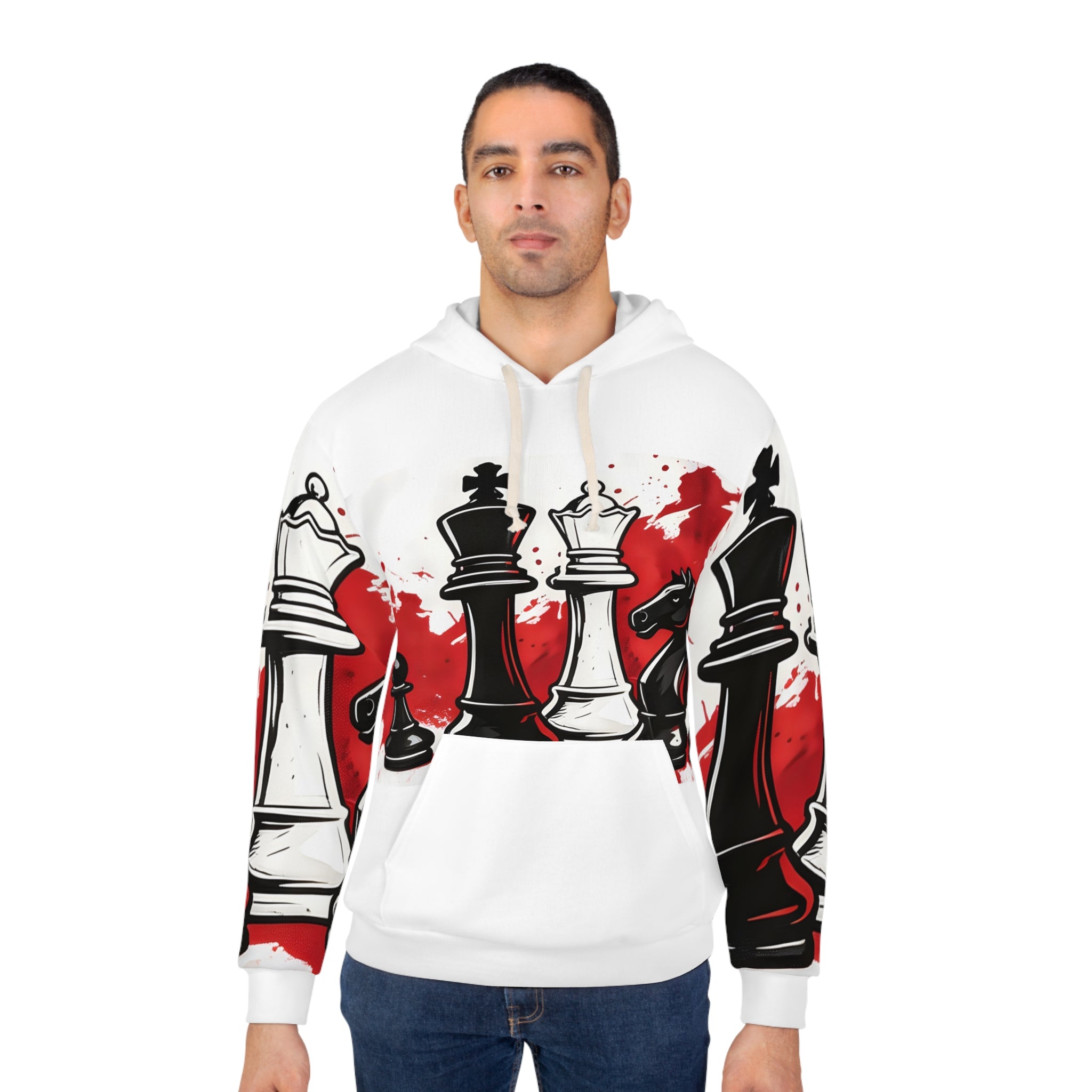 Chess Pieces Graphic Hoodie — Red Splash King & Queen Design