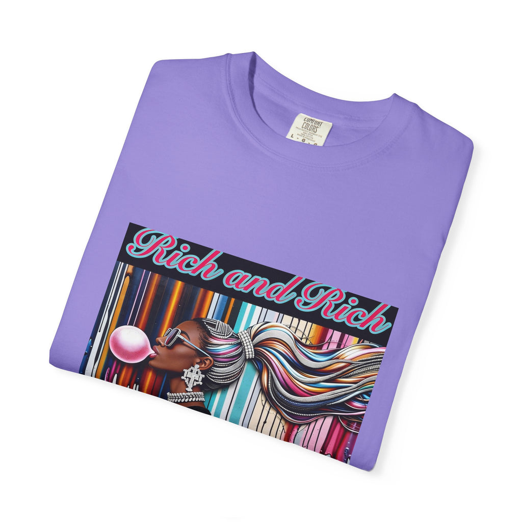 Unisex Rich and Rich colorful bubblegum street art graphic t-shirt featuring a figure blowing a rainbow bubble