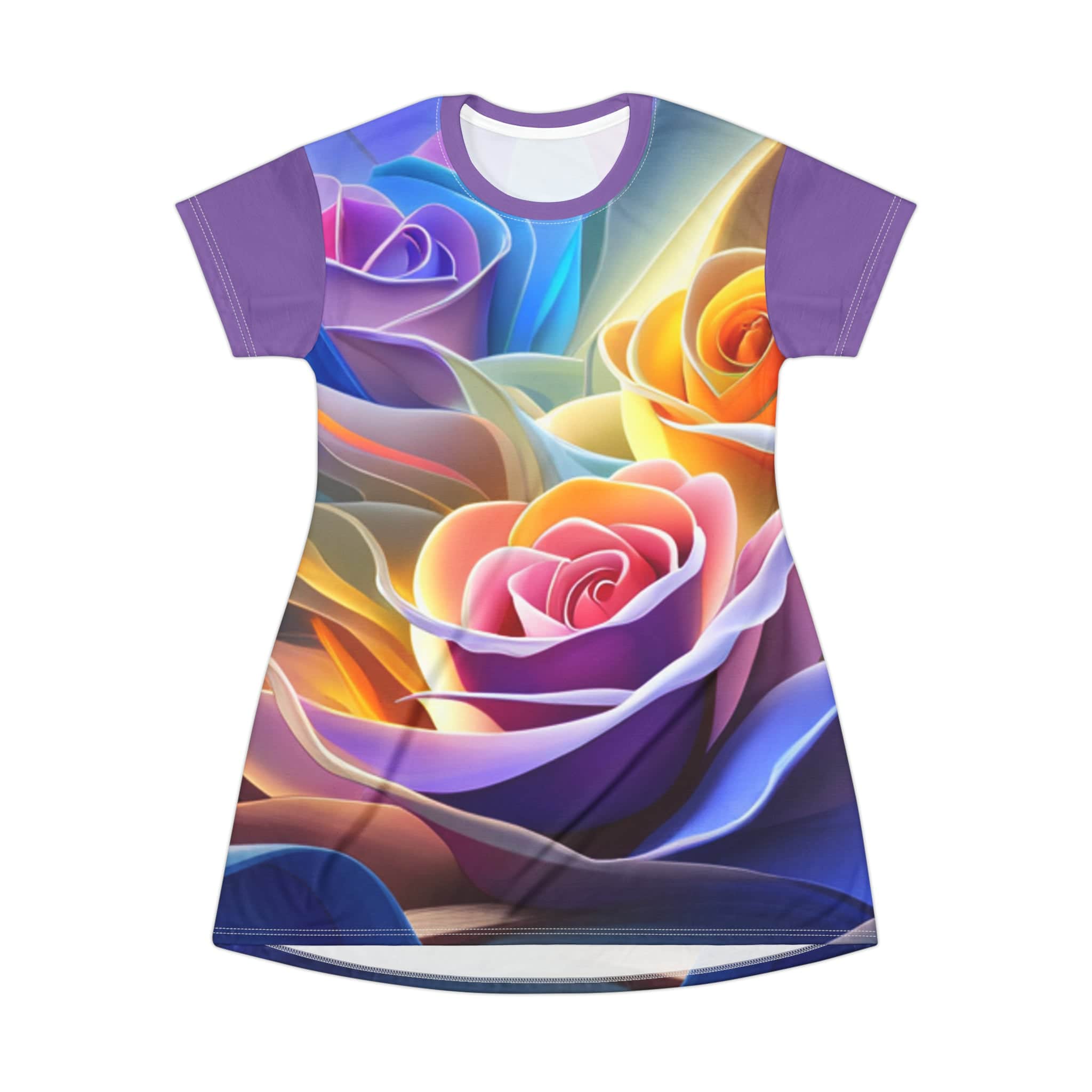 Lilac roses all-over print women's t-shirt dress in light polyester with a tagless finish