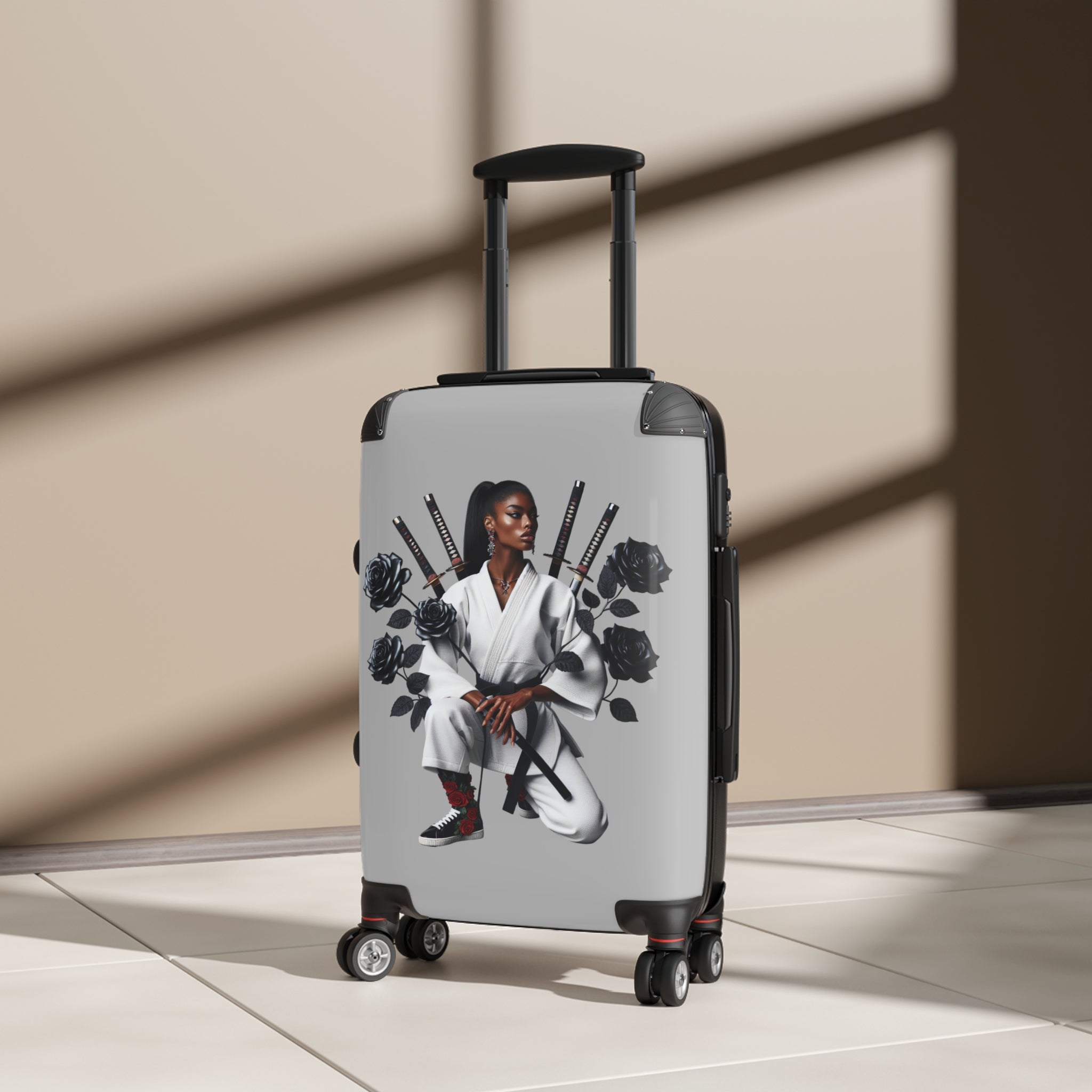 R&RH Elegant Samurai Style Grey Women's Suitcase with floral design