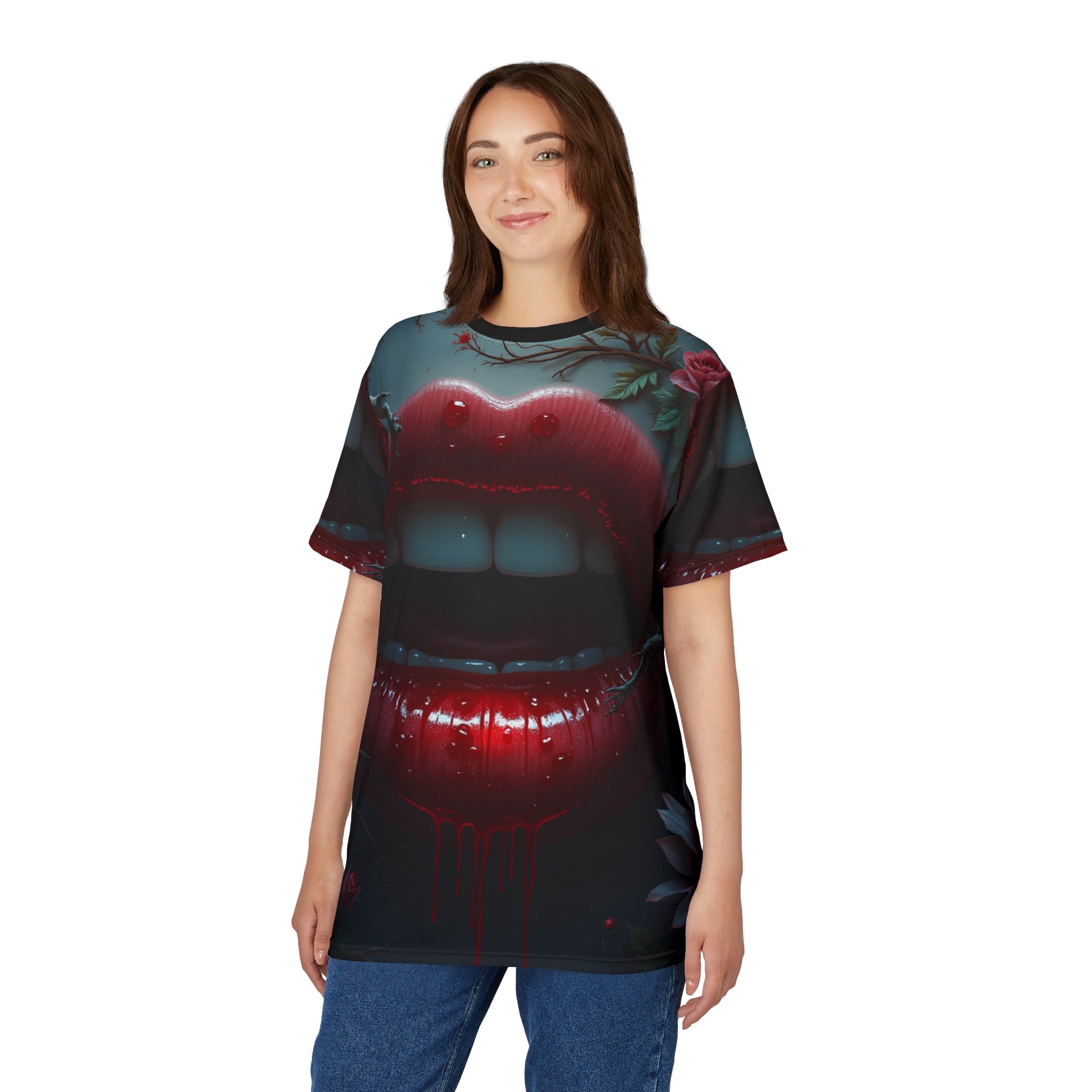 Vampiric Kiss Unisex Gothic Halloween Graphic Tee with dark vampire-inspired design